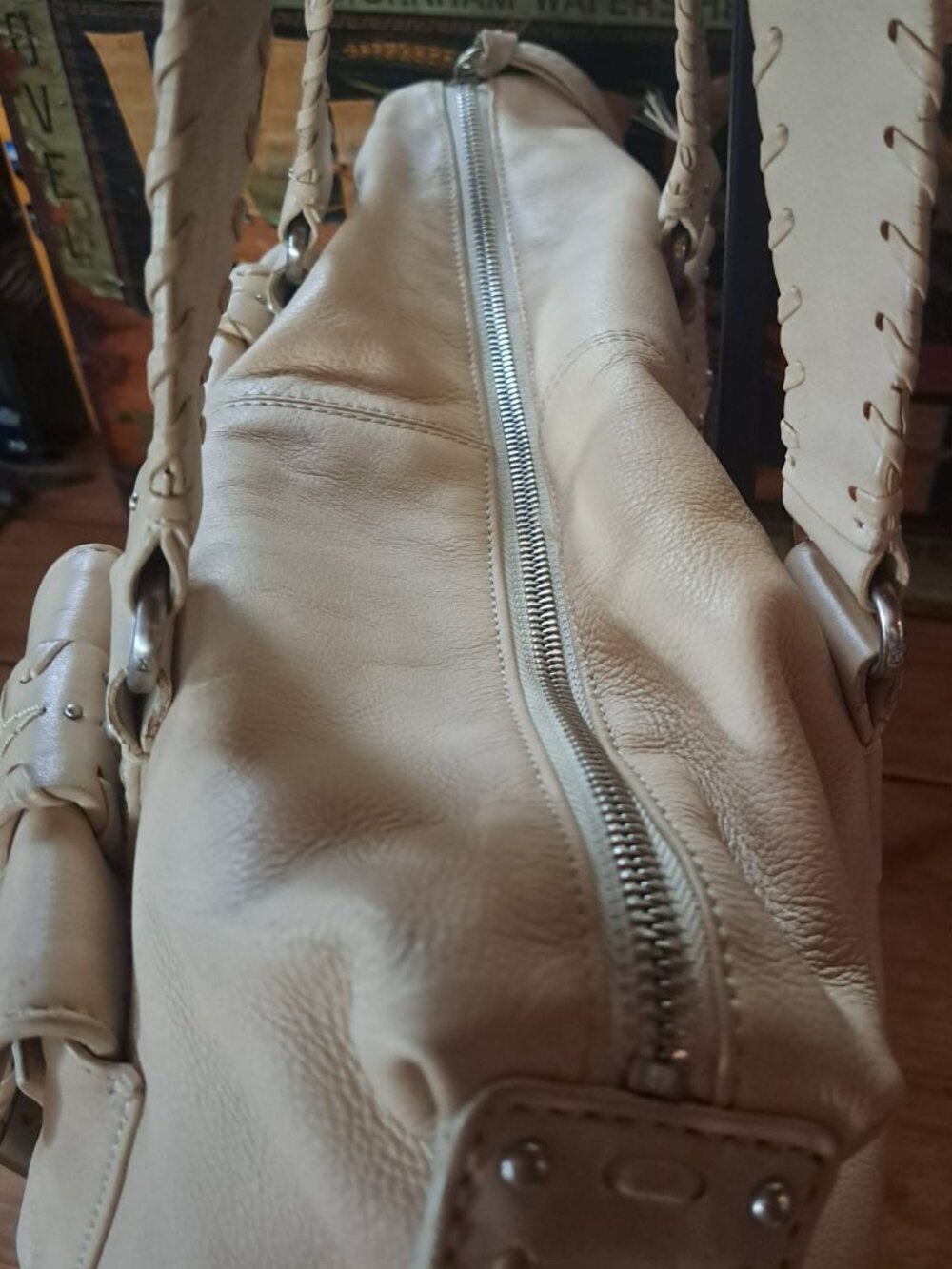 Michael Kors Western Boho Leather Satchel Shoulder Bag Cream Ivory Cargo Pockets - Picture 5 of 13